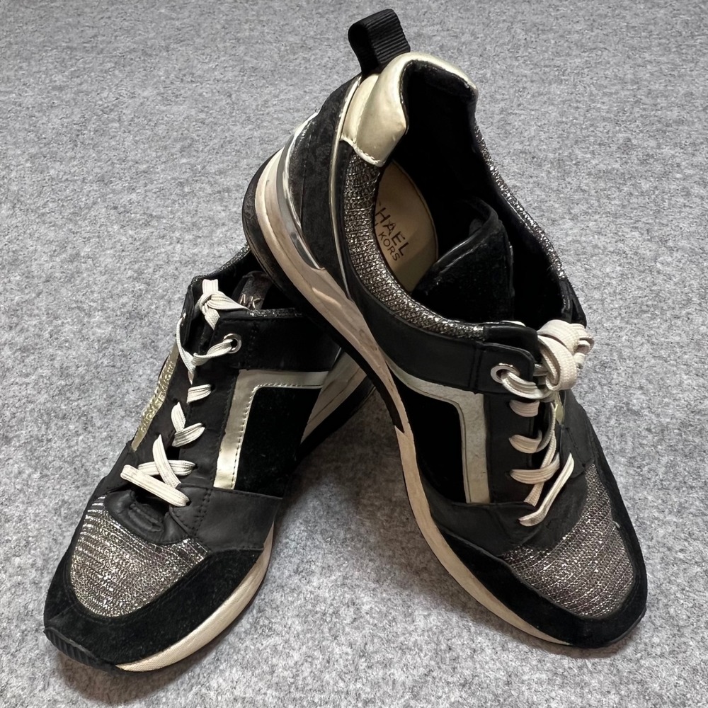 Michael Kors Liv Trainer Sneakers Black Metallic Silver Wedge Womens 9M